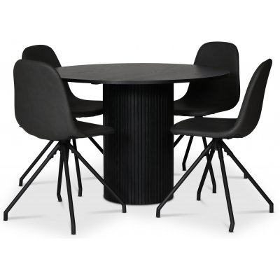 Cobe spisegruppe; rundt spisebord i svartbeiset eik + 4 stk Bridge spisestoler, svart PU