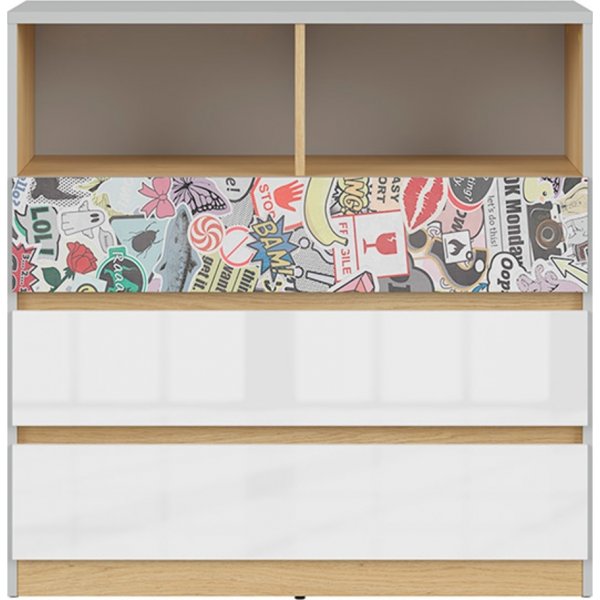 Nandu kommode med klistremerker - Grå/eik/hvit Nandu kommode med klistremerker - Grå/eik/hvit