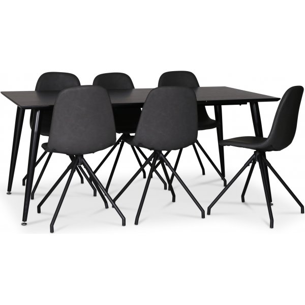 Dipp spisegruppe; spisebord, 180x90 cm med 6 svarte, svingbare Bridge pinnestoler Dipp spisegruppe; spisebord, 180x90 cm med 6 svarte, svingbare Bridge pinnestoler