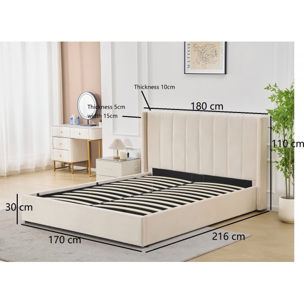 Sengeramme med sengegavl med oppbevaring - 160 x 200 cm beige stoff