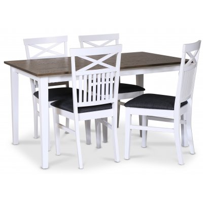 Skagen spisegruppe; klassisk spisebord 140x90 cm - Hvit / brunoljet eik med 4 Skagenstoler (Kryss i ryggen) med grått stoffsete