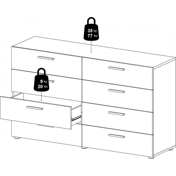 Kommode i valnøtt med 8 skuffer, 140 cm bred + Møbelføtter Kommode i valnøtt med 8 skuffer, 140 cm bred + Møbelføtter