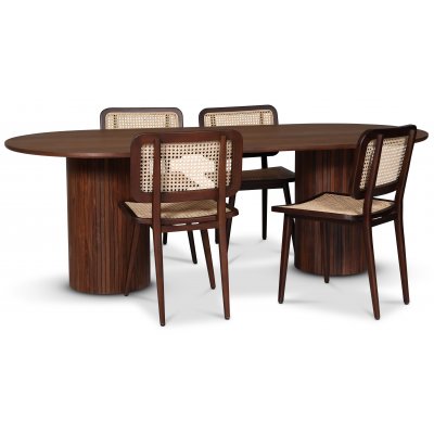 spisegruppe i Nordansjen; ovalt spisebord, valntt + 4 Sikns stoler brun/rotting