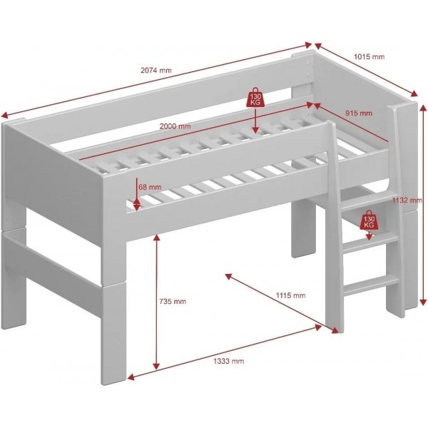For barn loftseng 90 x 200 cm - Hvitkalket/gr�/brun