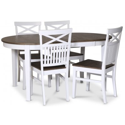 Skagen spisegruppe; spisebord 160/210x90 cm - Hvit / brunoljet eik med 4 Skagen stoler med kryss, brun / hvit