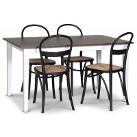 Skagen spisegruppe; spisebord 140 cm - Hvit / brunfarget eik med 4 Danderyd No.16 spisestoler Svart Skagen spisegruppe; spisebord 140 cm - Hvit / brunfarget eik med 4 Danderyd No.16 spisestoler Svart