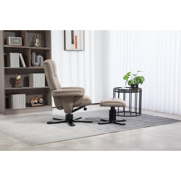 Oslo hvilestol med krakk i mørk beige stoff Oslo hvilestol med krakk i mørk beige stoff