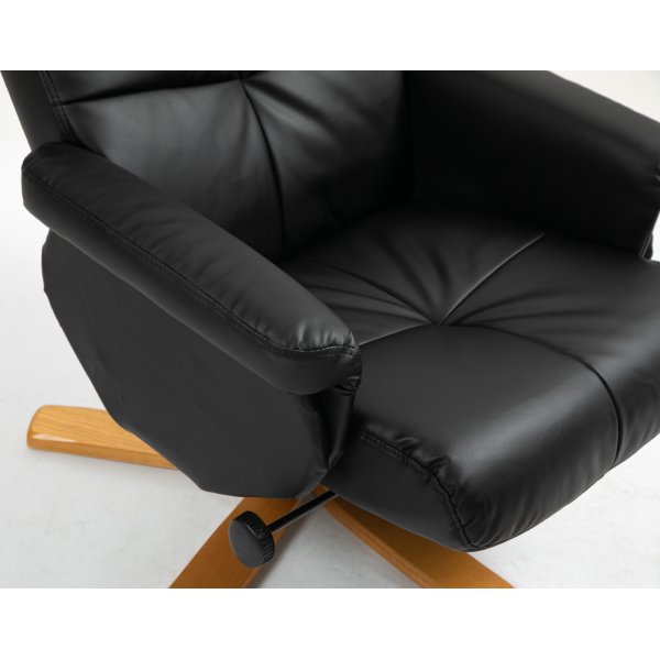 Duva hvilestol med fotskammel i sort PU med brune ben