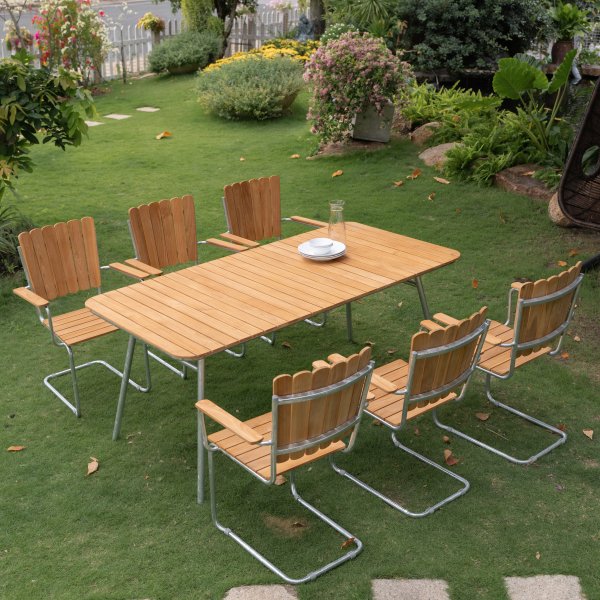 Mllan utegruppe i teak: 6 lenestoler med spisebord 176x90 cm