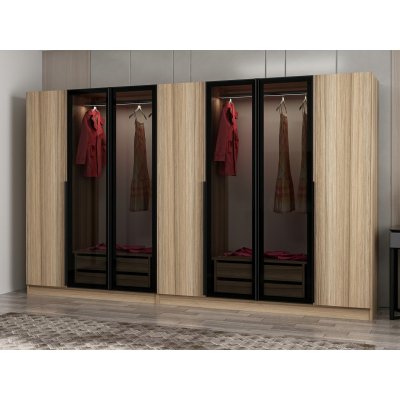 Cikani garderobe med speildrer, 315x52x210 cm - Eik