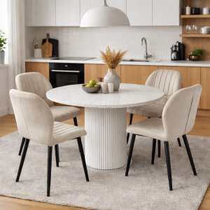 Spisegruppe Sandö spisebord Ø120 cm i hvit terrazzo med 4 Santos spisestoler i beige fløyel Spisegruppe Sandö spisebord Ø120 cm i hvit terrazzo med 4 Santos spisestoler i beige fløyel