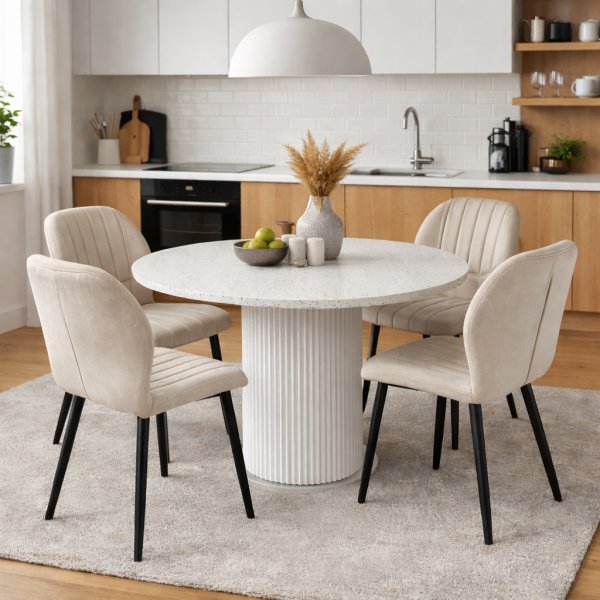 Spisegruppe Sandö spisebord Ø120 cm i hvit terrazzo med 4 Santos spisestoler i beige fløyel Spisegruppe Sandö spisebord Ø120 cm i hvit terrazzo med 4 Santos spisestoler i beige fløyel