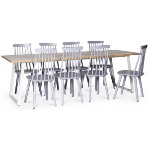 Edge spisegruppe; Spisebord i hvit HPL 240x90 cm med 8 gr Dalsland stokkstoler