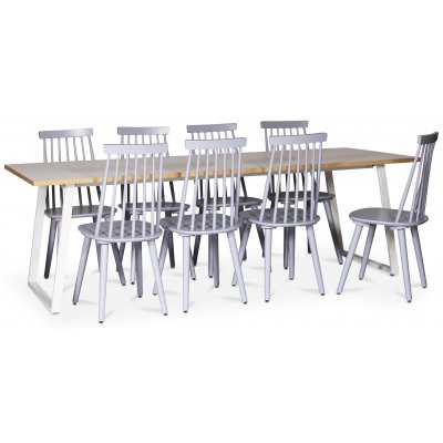 Edge spisegruppe; Spisebord i hvit HPL 240x90 cm med 8 grå Dalsland stokkstoler
