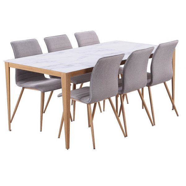 Quick spisegruppe - Bord inklusive 6 st stoler - Marmor imitasjon/eikefolie/grtt tystoff