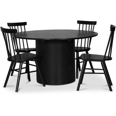 Nova spisegruppe, uttrekkbart spisebord 130-170 cm inkl. 4 stk. Orust svarte pinnestoler - Svartbeiset eik