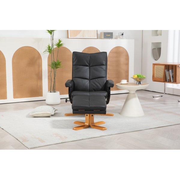 Duva hvilestol med fotskammel i sort PU med brune ben
