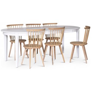 Sandhamn spisegruppe; ovalt spisebord med 6 Castor spisestoler i whitewash
