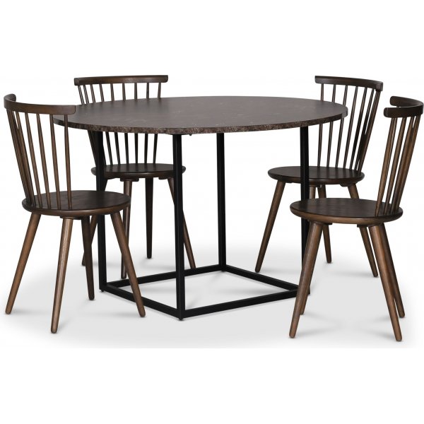 Sintorp spisegruppe, rundt spisebord 115 cm inkludert 4 stk. Castor pinnestoler  Brun marmor (Laminat)