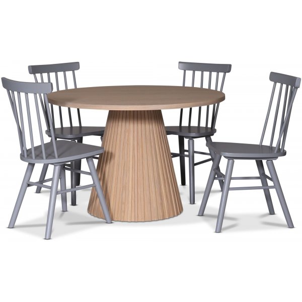 Cleo spisegruppe, rundt bord 110 cm, inkludert 4 stk. gr Orust pinnestoler - Whitewash/eikefiner