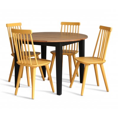 Dalsland spisegruppe: Rundt bord i Eik/Sort med 4 gule stokkstoler