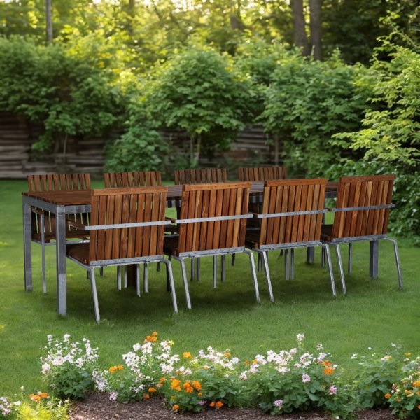 Alva spisegruppe 250x90 cm inkl. 6 stk. stoler  Teak/galvanisert metall