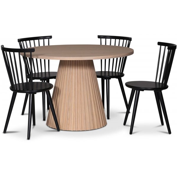 Cleo spisegruppe, rundt bord 110 cm, inkludert 4 stk. svarte Castor pinnestoler - Whitewash/eikefiner
