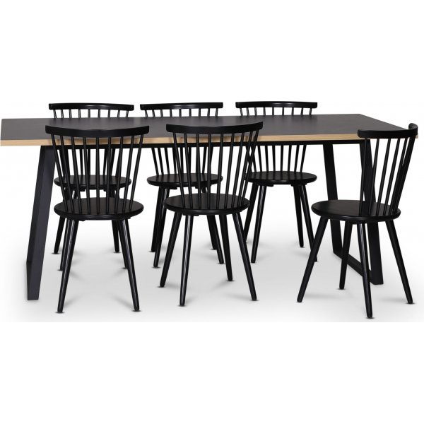 Edge 3.0 spisegruppe 190x90 cm inkludert 6 stk. svarte Castor pinnestoler - gr hytrykkslaminat (HPL)