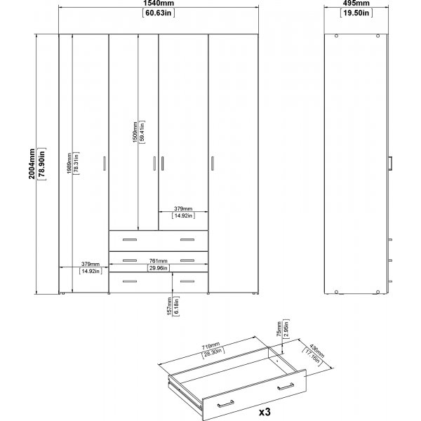 Romgarderobe med 4 dører og 3 skuffer - Eik Romgarderobe med 4 dører og 3 skuffer - Eik