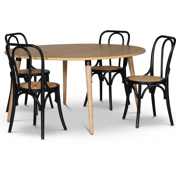 Omni spisegruppe, rundt spisebord 130 cm inkludert 4 stk. svarte Tony stoler i byd tre - Whitewash