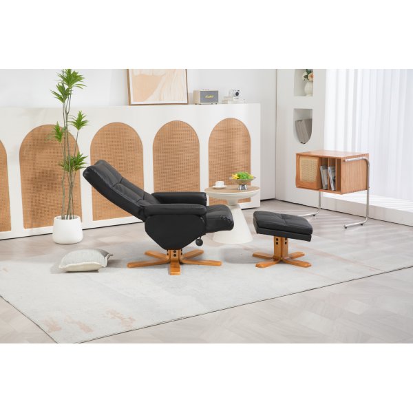 Duva hvilestol med fotskammel i sort PU med brune ben