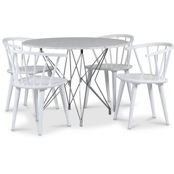 Zoo spisegruppe 105 cm inkl. 4 stk. Dalsland hvite pinnestoler - Krom / Lys Marmor