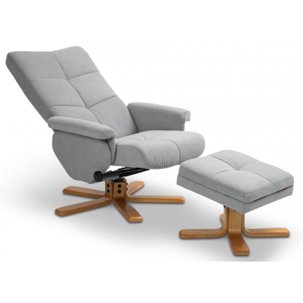 Duva justerbar lenestol inkl. fotskammel med oppbevaring - Grå stoff med treben Duva justerbar lenestol inkl. fotskammel med oppbevaring - Grå stoff med treben