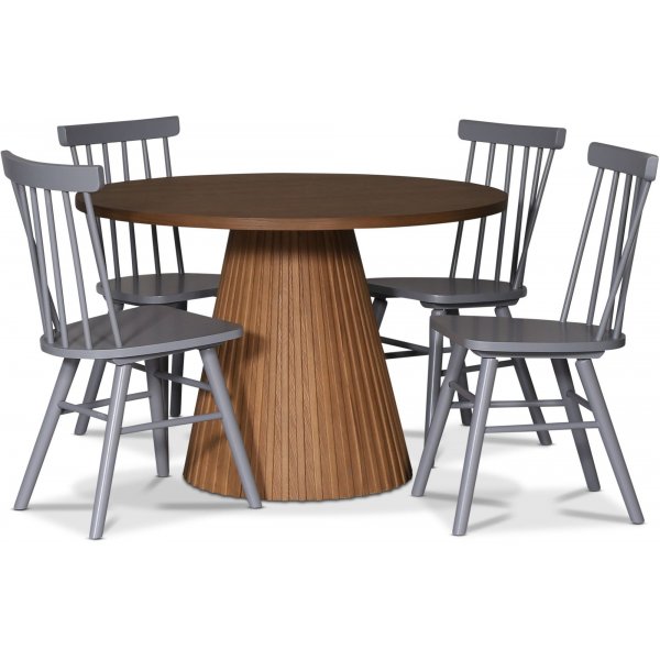 Cleo spisegruppe, rundt bord 110 cm, inkludert 4 stk. gr Orust pinnestoler - mrk eikefiner