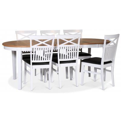 Fårö spisegruppe; spisebord 160/210x90 cm - Hvit / oljet eik med 6 Fårö stoler med kryss i ryggen, sete i svart PU