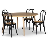Omni spisegruppe, rundt spisebord Ø130 cm inkludert 4 stk. svarte Tony stoler i bøyd tre - Whitewash Omni spisegruppe, rundt spisebord Ø130 cm inkludert 4 stk. svarte Tony stoler i bøyd tre - Whitewash