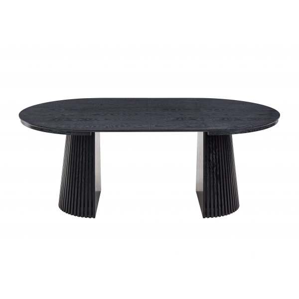 Spisegruppe Crossby uttrekkbart bord Ø120-200cm i svartbeiset eik med 8 Callum spisestoler i beige stoff Spisegruppe Crossby uttrekkbart bord Ø120-200cm i svartbeiset eik med 8 Callum spisestoler i beige stoff