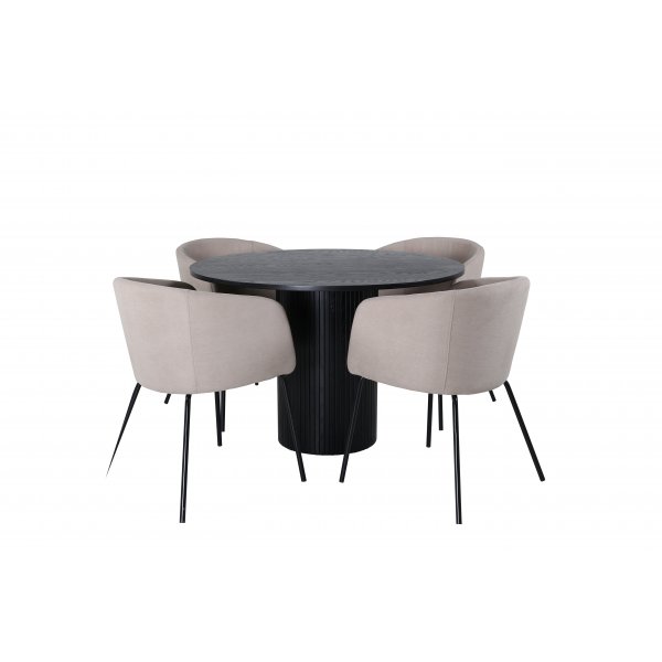 Bianca Spisesett rundt sort spisebord med 4 Berit beige stoler