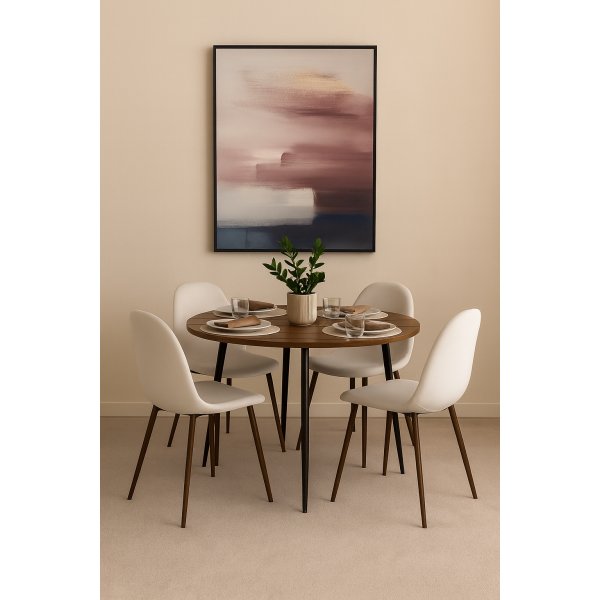 Dana spisebord �105 cm i valn�tt med 4 Alfred spisestoler i beige fl�yel og ben i valn�tt