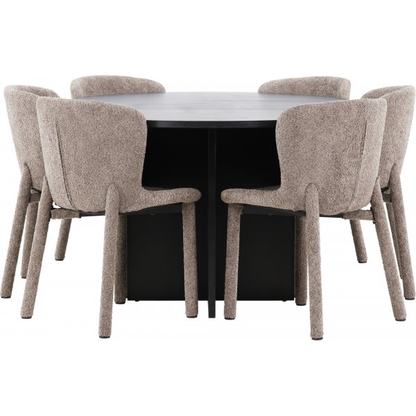 Spisebord Strada med 6 Astoria stoler - Brun/svart + 4.00 x Møbelføtter Spisebord Strada med 6 Astoria stoler - Brun/svart + 4.00 x Møbelføtter