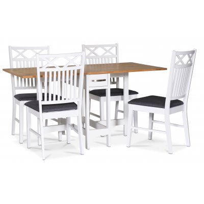 Fr spisegruppe; Fr klaffbord i hvit/eik med 4 Sandhamn Gripsholm-stoler