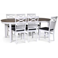 Skagen spisegruppe; spisebord 160/210x90 cm - Hvit / brunoljet eik med 6 skagenstoler med kryss i ryggen og grått stoffsete Skagen spisegruppe; spisebord 160/210x90 cm - Hvit / brunoljet eik med 6 skagenstoler med kryss i ryggen og grått stoffsete