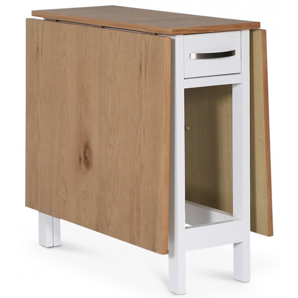 Fårö spisegruppe; Fårö klaffbord i eik/hvit med 4 grå Crocket-stoler Fårö spisegruppe; Fårö klaffbord i eik/hvit med 4 grå Crocket-stoler