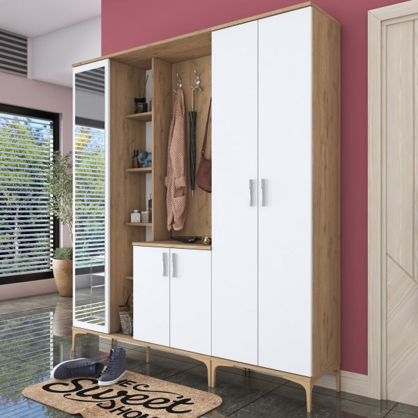 Esa hallmøbler 180 x 37,5 x 198,6 cm Variant A - Valnøtt/hvit Esa hallmøbler 180 x 37,5 x 198,6 cm Variant A - Valnøtt/hvit