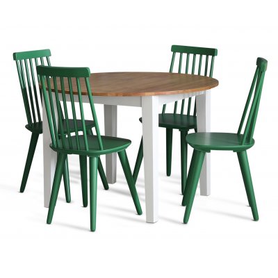 Dalsland spisegruppe: Rundt bord i Eik/Hvit med 4 grnne stokkstoler