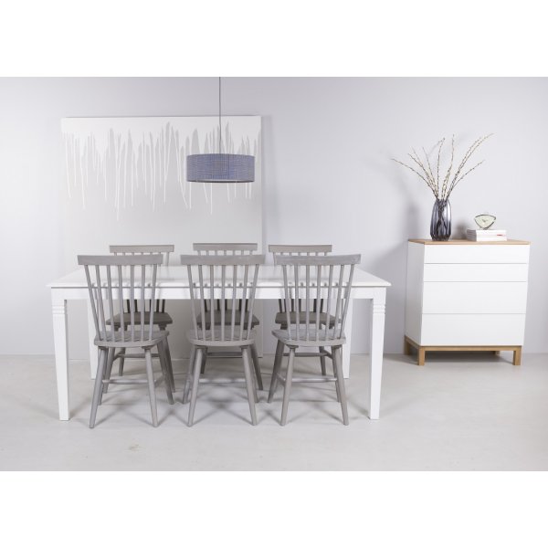 Mellby spisegruppe 180 cm bord hvit + 6 grå utkragende stoler Mellby spisegruppe 180 cm bord hvit + 6 grå utkragende stoler