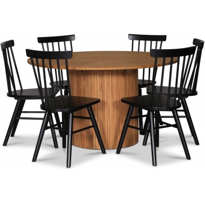 Nova spisegruppe, uttrekkbart spisebord 130-170 cm inkl. 6 stk Orust sorte utkragingsstoler - Oljet eik