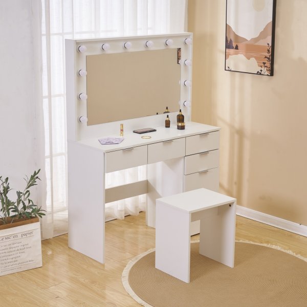 Sminkebord med stol, speil og belysning - Hvit Sminkebord med stol, speil og belysning - Hvit