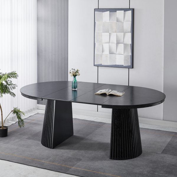 Spisegruppe Crossby uttrekkbart bord Ø120-200cm i svartbeiset eik med 8 Callum spisestoler i beige stoff Spisegruppe Crossby uttrekkbart bord Ø120-200cm i svartbeiset eik med 8 Callum spisestoler i beige stoff