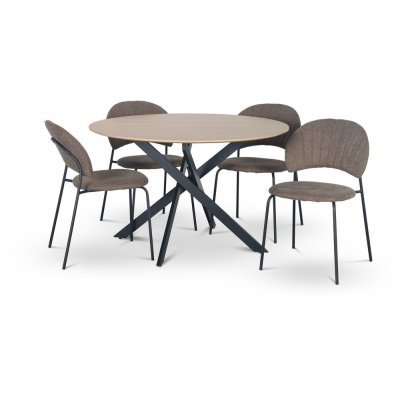 Hogrän spisegruppe Ø120 cm bord i lyst tre + 4 stk Hogrän brune stoler